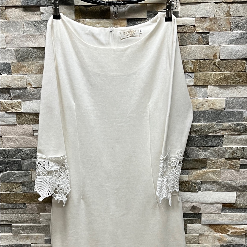 Classic White Long Sleeve Sheath Dress with Lace Cuffs